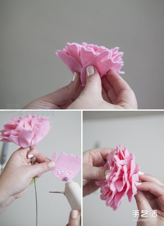 女人手工 布艺手工 布艺花朵  把粉色花瓣像上图这样黏贴到花茎上.